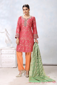 Buy beautiful pink embroidered suit online in USA with orange pants and green dupatta. Flaunt Indian style at parties and weddings in beautiful designer dresses, salwar suits, Anarkali suits, gowns, palazzo suits from Pure Elegance Indian fashion store in USA.-full view