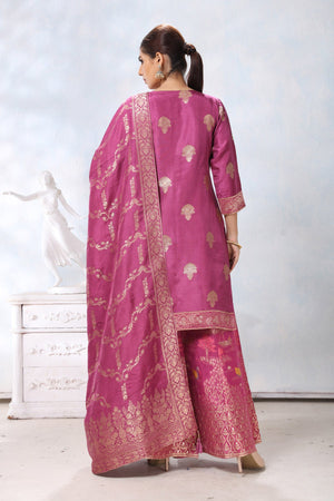 Shop stunning mauvish pink embroidered palazzo suit online in USA with dupatta. Flaunt Indian style at parties and weddings in beautiful designer dresses, salwar suits, Anarkali suits, gowns, palazzo suits from Pure Elegance Indian fashion store in USA.-back