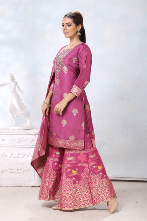 Shop stunning mauvish pink embroidered palazzo suit online in USA with dupatta. Flaunt Indian style at parties and weddings in beautiful designer dresses, salwar suits, Anarkali suits, gowns, palazzo suits from Pure Elegance Indian fashion store in USA.-palazzo