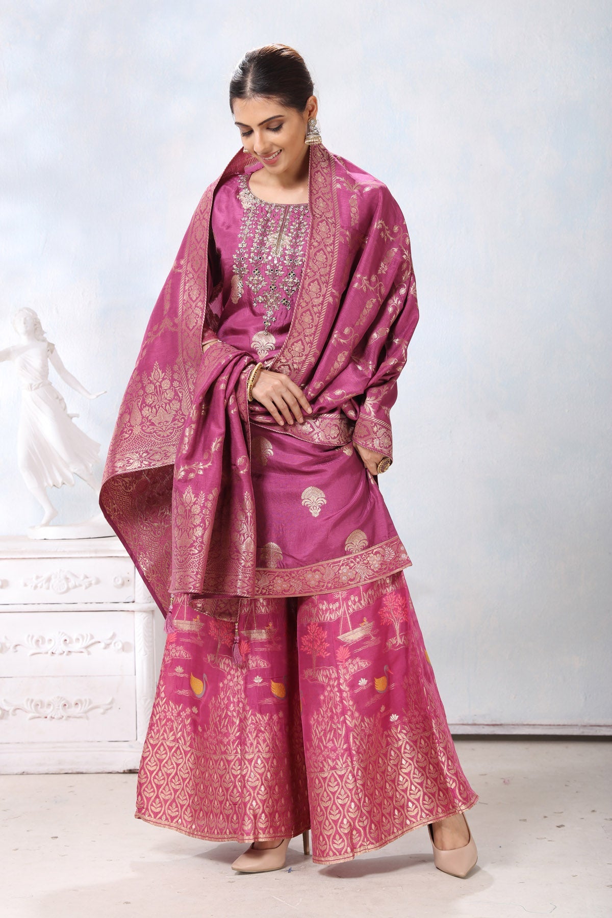 Shop stunning mauvish pink embroidered palazzo suit online in USA with dupatta. Flaunt Indian style at parties and weddings in beautiful designer dresses, salwar suits, Anarkali suits, gowns, palazzo suits from Pure Elegance Indian fashion store in USA.-closeup