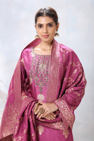 Shop stunning mauvish pink embroidered palazzo suit online in USA with dupatta. Flaunt Indian style at parties and weddings in beautiful designer dresses, salwar suits, Anarkali suits, gowns, palazzo suits from Pure Elegance Indian fashion store in USA.-closeup