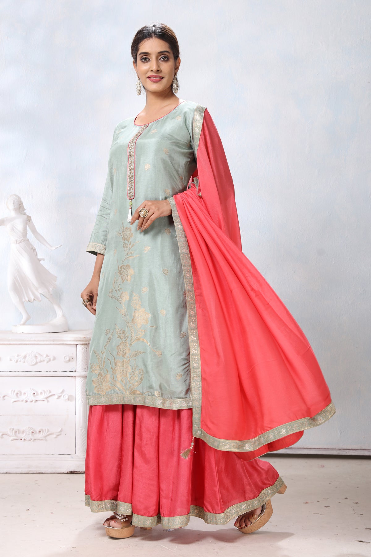 Shop beautiful light grey embroidered suit online in USA with pink palazzo and dupatta. Flaunt Indian style at parties and weddings in beautiful designer dresses, salwar suits, Anarkali suits, gowns, palazzo suits from Pure Elegance Indian fashion store in USA.-side