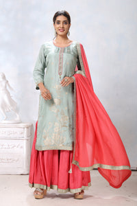 Shop beautiful light grey embroidered suit online in USA with pink palazzo and dupatta. Flaunt Indian style at parties and weddings in beautiful designer dresses, salwar suits, Anarkali suits, gowns, palazzo suits from Pure Elegance Indian fashion store in USA.-full view