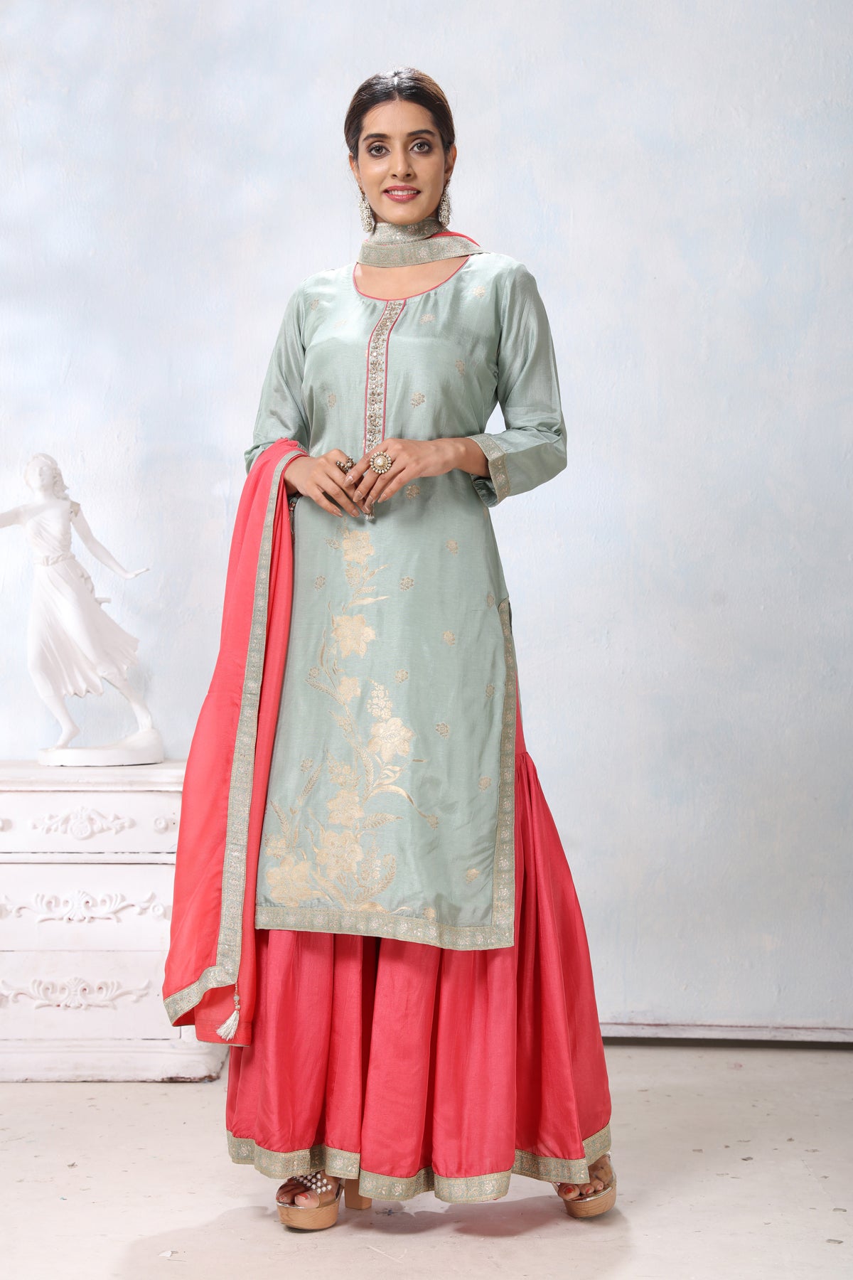 Shop beautiful light grey embroidered suit online in USA with pink palazzo and dupatta. Flaunt Indian style at parties and weddings in beautiful designer dresses, salwar suits, Anarkali suits, gowns, palazzo suits from Pure Elegance Indian fashion store in USA.-front