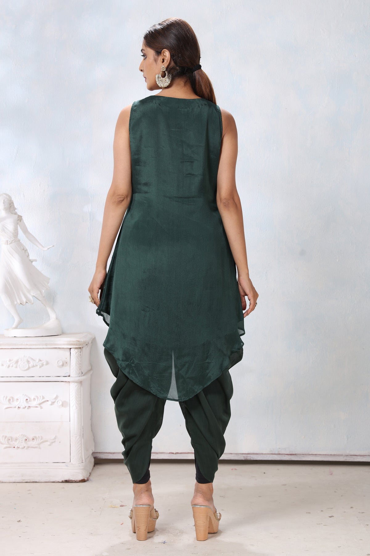 Shop stunning dark green crepe dhoti suit online in USA. Flaunt Indian style at parties and weddings in beautiful designer dresses, salwar suits, Anarkali suits, gowns, palazzo suits from Pure Elegance Indian fashion store in USA.-back