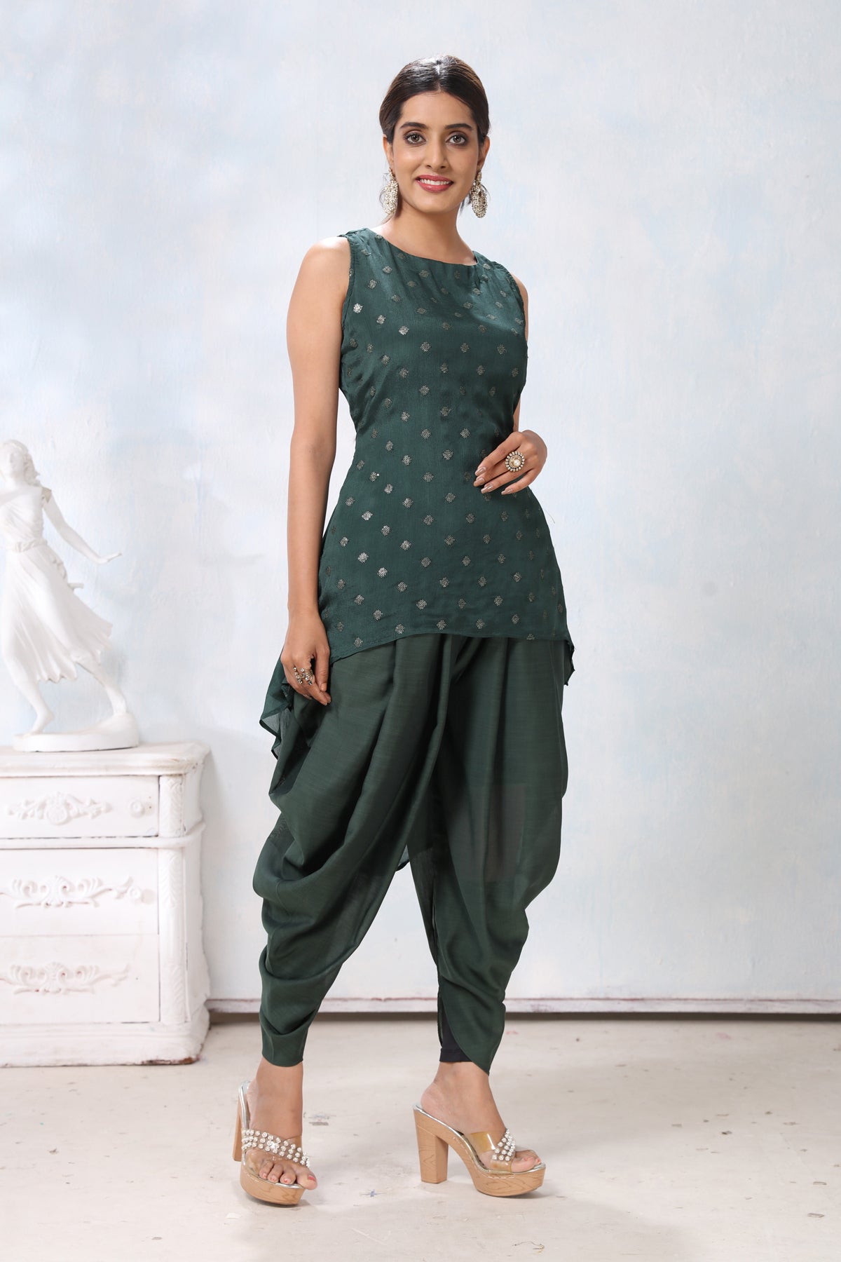 Shop stunning dark green crepe dhoti suit online in USA. Flaunt Indian style at parties and weddings in beautiful designer dresses, salwar suits, Anarkali suits, gowns, palazzo suits from Pure Elegance Indian fashion store in USA.-right