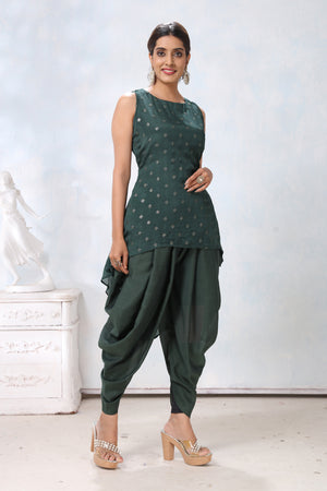 Shop stunning dark green crepe dhoti suit online in USA. Flaunt Indian style at parties and weddings in beautiful designer dresses, salwar suits, Anarkali suits, gowns, palazzo suits from Pure Elegance Indian fashion store in USA.-right