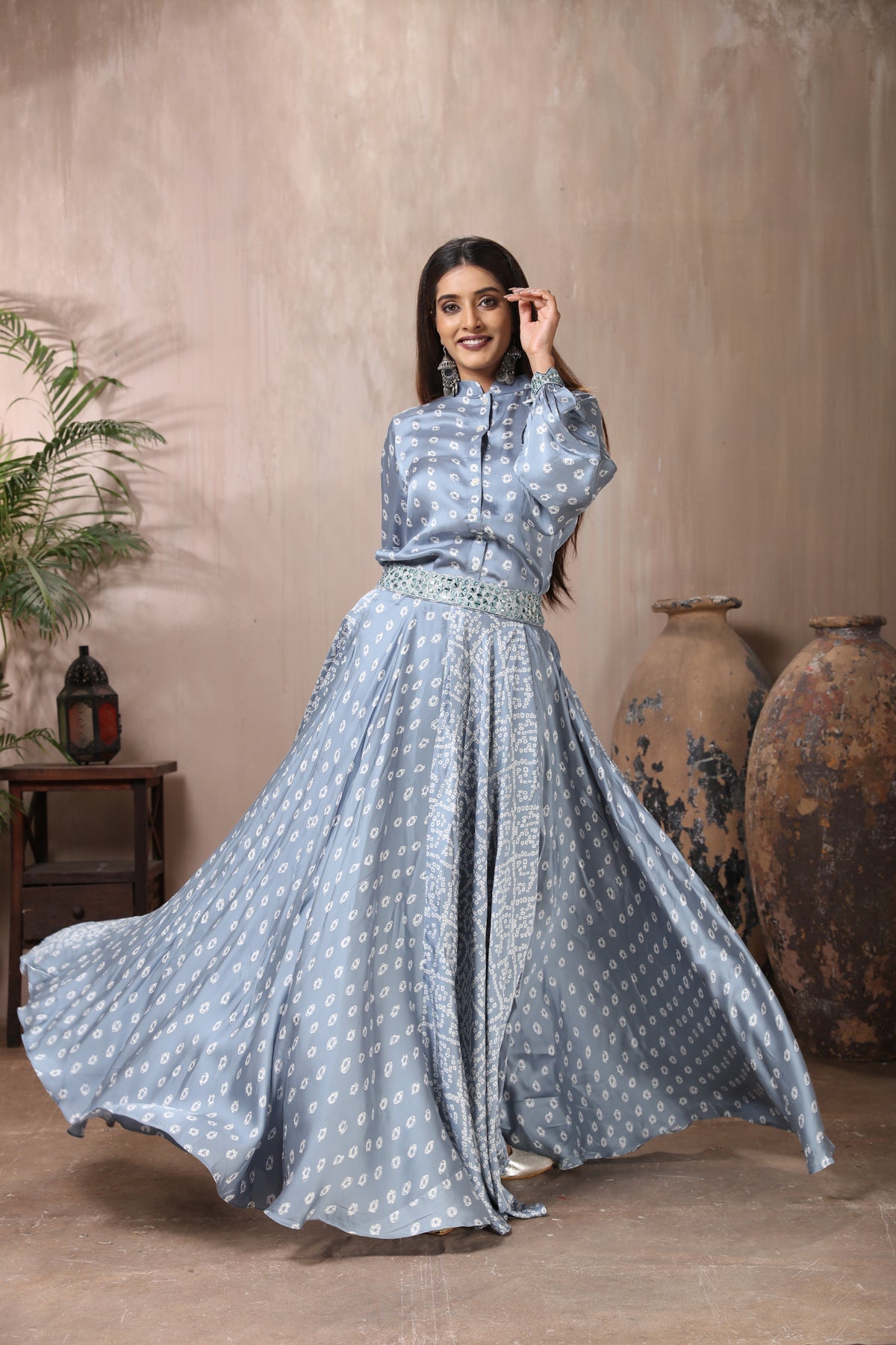 Shop stunning grey Bandhej print skirt set online in USA. Flaunt Indian style at parties and weddings in beautiful designer dresses, salwar suits, Anarkali suits, gowns, palazzo suits from Pure Elegance Indian fashion store in USA.-skirt