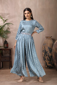 Buy stunning grey Bandhej print crepe silk jumpsuit online in USA. Flaunt Indian style at parties and weddings in beautiful designer dresses, salwar suits, Anarkali suits, gowns, palazzo suits from Pure Elegance Indian fashion store in USA.-full view