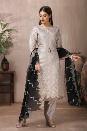 Shop Grey Embroidered Pant Suit Online in USA with Black Dupatta