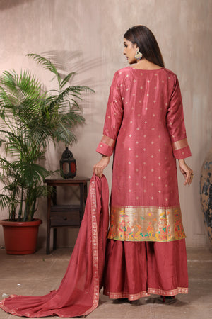 Shop gorgeous rose pink embroidered crepe palazzo suit online in USA with dupatta. Flaunt Indian style at parties and weddings in beautiful designer dresses, salwar suits, Anarkali suits, gowns, palazzo suits from Pure Elegance Indian fashion store in USA.-back
