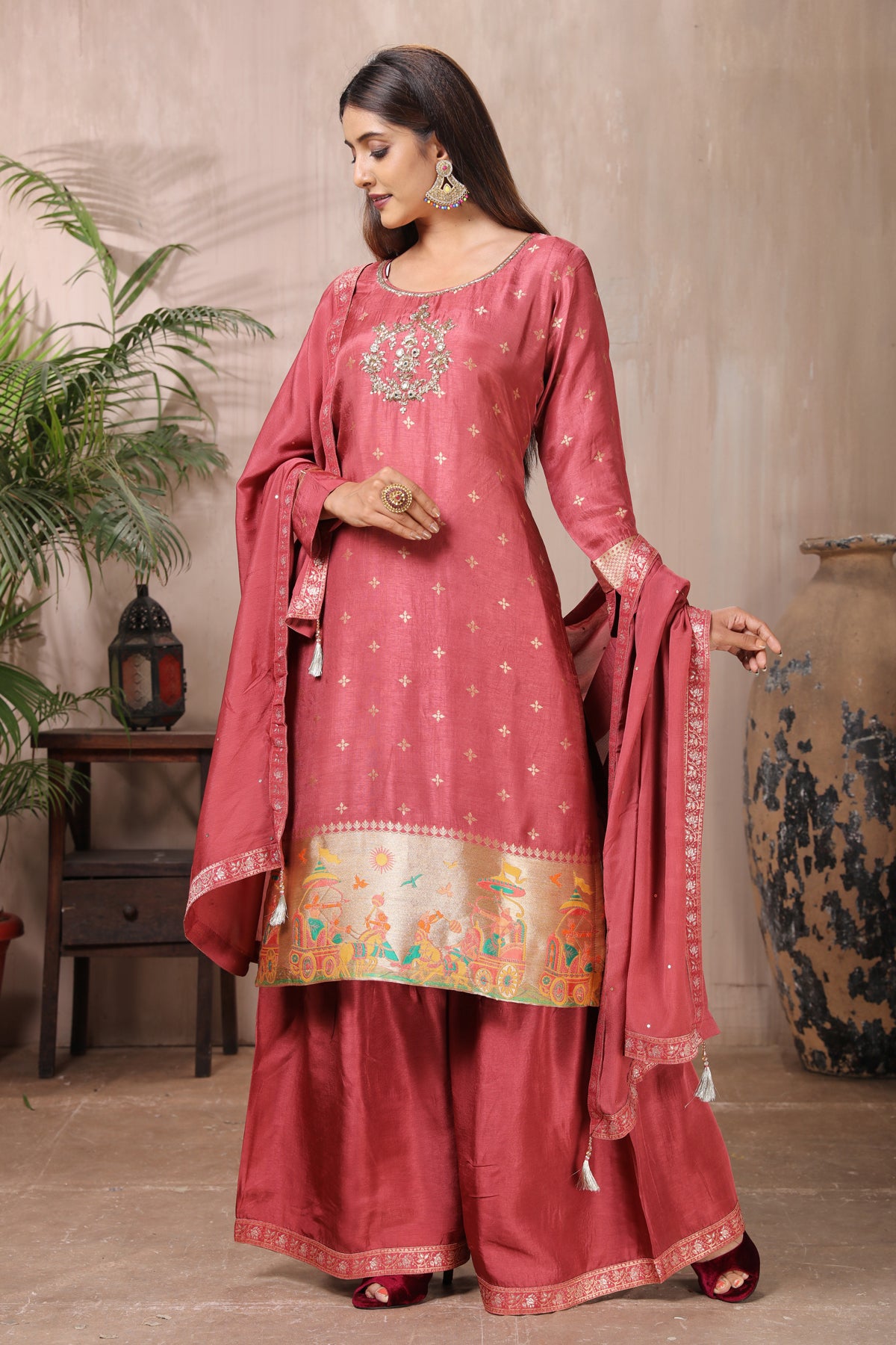 Shop gorgeous rose pink embroidered crepe palazzo suit online in USA with dupatta. Flaunt Indian style at parties and weddings in beautiful designer dresses, salwar suits, Anarkali suits, gowns, palazzo suits from Pure Elegance Indian fashion store in USA.-front