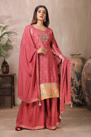 Shop gorgeous rose pink embroidered crepe palazzo suit online in USA with dupatta. Flaunt Indian style at parties and weddings in beautiful designer dresses, salwar suits, Anarkali suits, gowns, palazzo suits from Pure Elegance Indian fashion store in USA.-dupatta