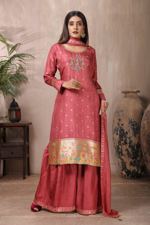 Shop gorgeous rose pink embroidered crepe palazzo suit online in USA with dupatta. Flaunt Indian style at parties and weddings in beautiful designer dresses, salwar suits, Anarkali suits, gowns, palazzo suits from Pure Elegance Indian fashion store in USA.-palazzo