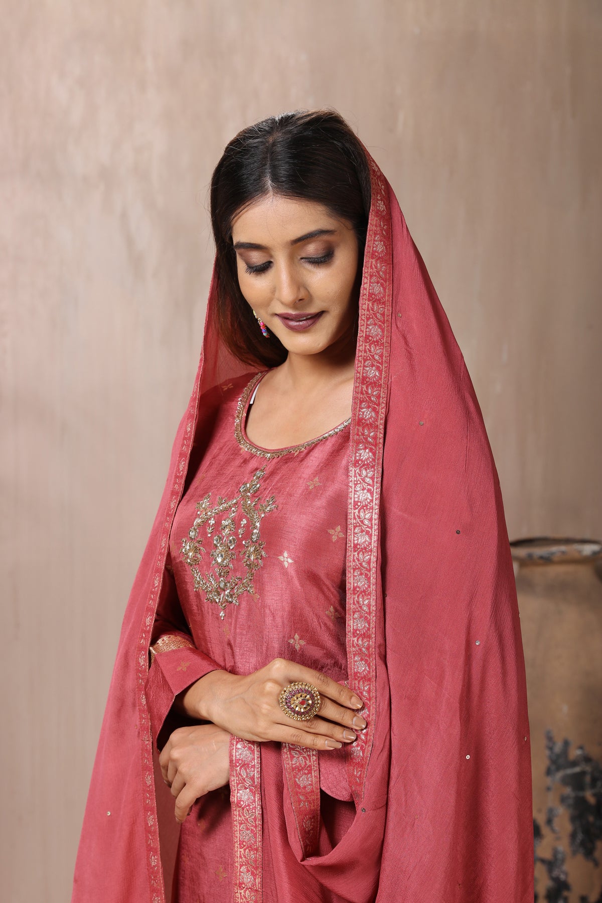 Shop gorgeous rose pink embroidered crepe palazzo suit online in USA with dupatta. Flaunt Indian style at parties and weddings in beautiful designer dresses, salwar suits, Anarkali suits, gowns, palazzo suits from Pure Elegance Indian fashion store in USA.-closeup