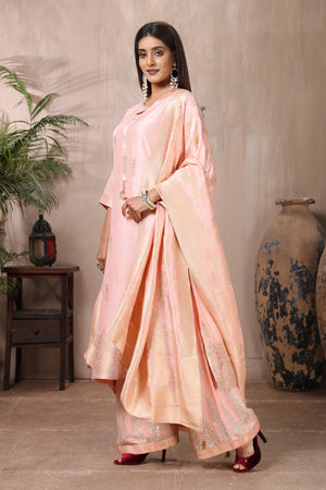 Buy gorgeous pastel pink embroidered palazzo suit online in USA with dupatta. Flaunt Indian style at parties and weddings in beautiful designer dresses, salwar suits, Anarkali suits, gowns, palazzo suits from Pure Elegance Indian fashion store in USA.-side
