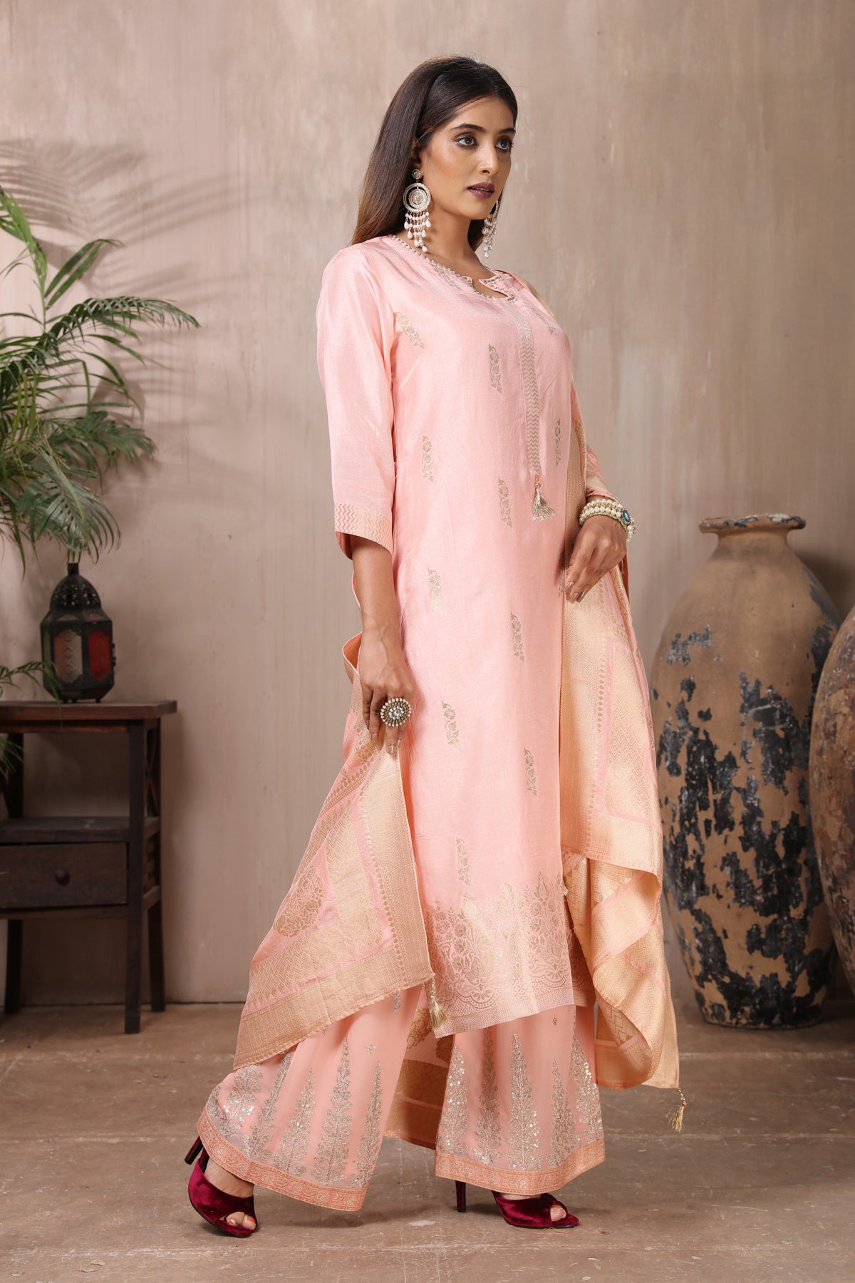 Buy gorgeous pastel pink embroidered palazzo suit online in USA with dupatta. Flaunt Indian style at parties and weddings in beautiful designer dresses, salwar suits, Anarkali suits, gowns, palazzo suits from Pure Elegance Indian fashion store in USA.-right