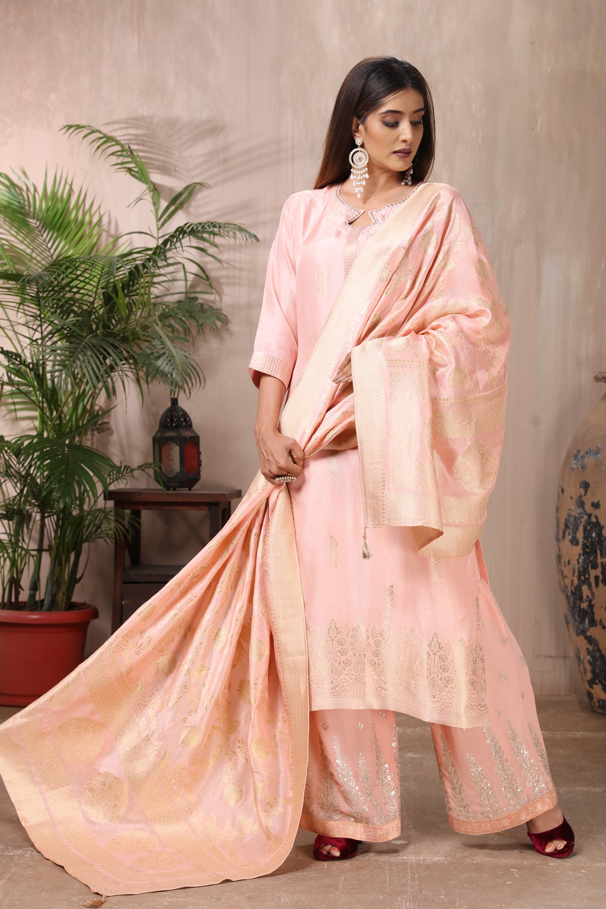 Buy gorgeous pastel pink embroidered palazzo suit online in USA with dupatta. Flaunt Indian style at parties and weddings in beautiful designer dresses, salwar suits, Anarkali suits, gowns, palazzo suits from Pure Elegance Indian fashion store in USA.-front