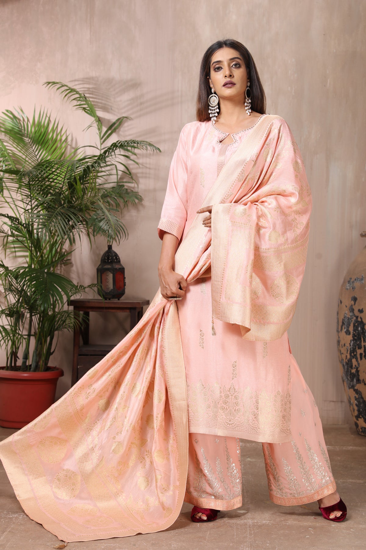 Buy gorgeous pastel pink embroidered palazzo suit online in USA with dupatta. Flaunt Indian style at parties and weddings in beautiful designer dresses, salwar suits, Anarkali suits, gowns, palazzo suits from Pure Elegance Indian fashion store in USA.-full view