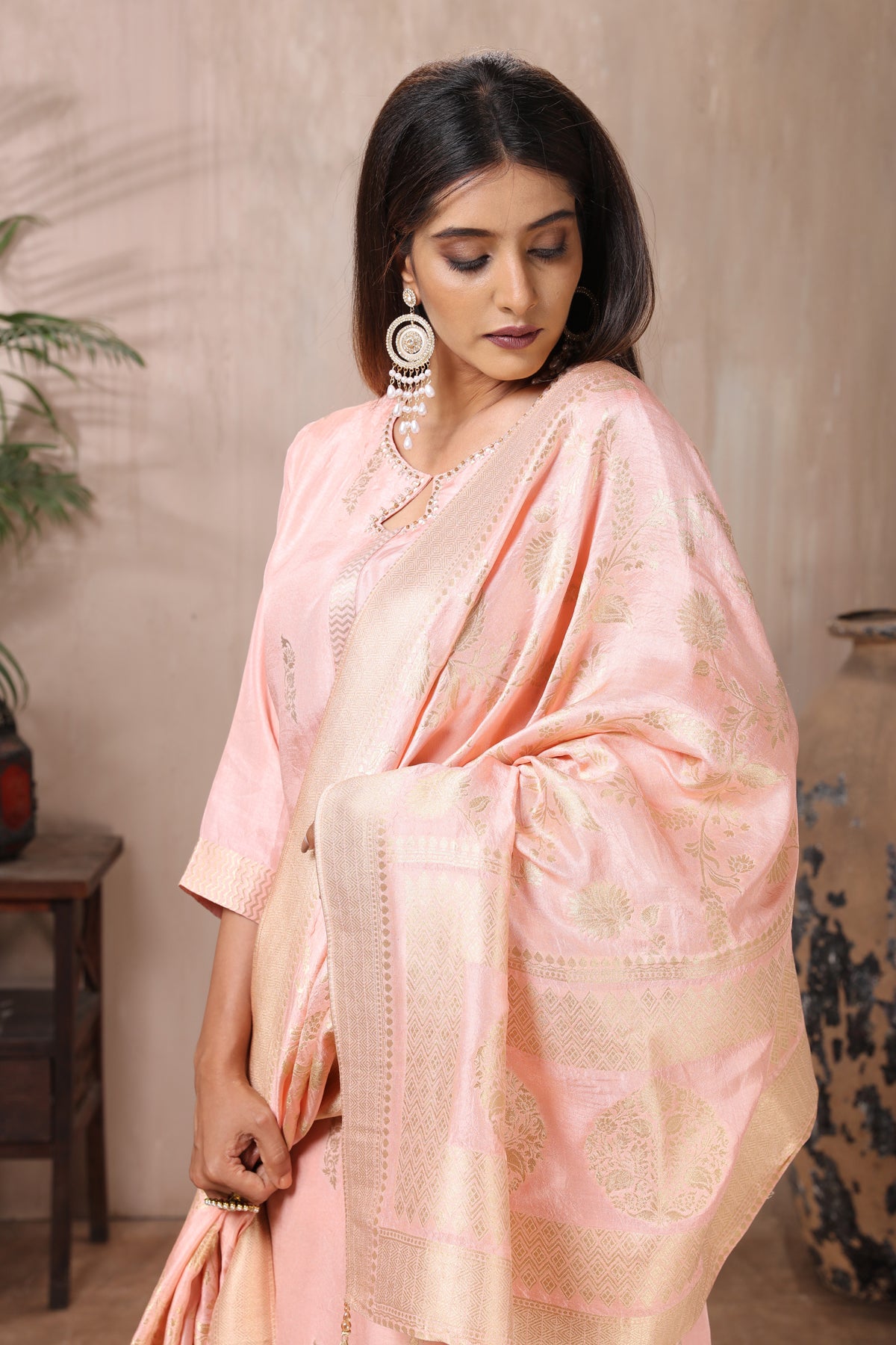 Buy gorgeous pastel pink embroidered palazzo suit online in USA with dupatta. Flaunt Indian style at parties and weddings in beautiful designer dresses, salwar suits, Anarkali suits, gowns, palazzo suits from Pure Elegance Indian fashion store in USA.-closeup