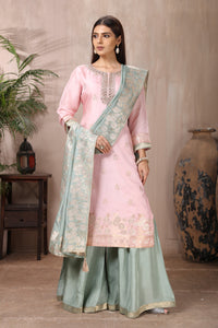 Buy gorgeous powder pink embroidered sharara suit online in USA with grey dupatta. Flaunt Indian style at parties and weddings in beautiful designer dresses, salwar suits, Anarkali suits, gowns, palazzo suits from Pure Elegance Indian fashion store in USA.-full view