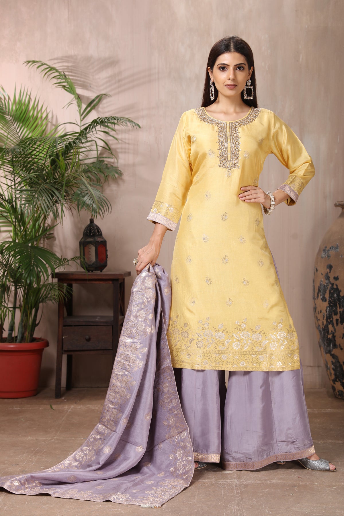 Shop stunning yellow and grey embroidered silk suit online in USA with dupatta. Flaunt Indian style at parties and weddings in beautiful designer dresses, salwar suits, Anarkali suits, gowns, palazzo suits from Pure Elegance Indian fashion store in USA.-full view