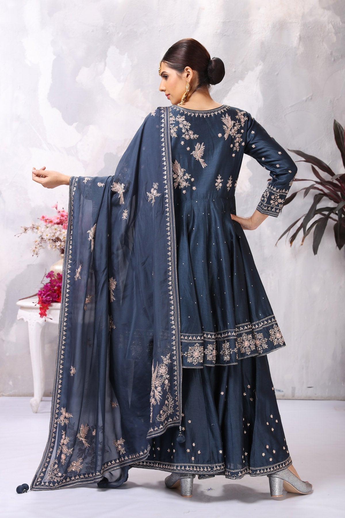 Shop stunning dark blue embroidered sharara suit online in USA with dupatta. Flaunt Indian style at parties and weddings in beautiful designer dresses, salwar suits, Anarkali suits, gowns, palazzo suits from Pure Elegance Indian fashion store in USA.-back