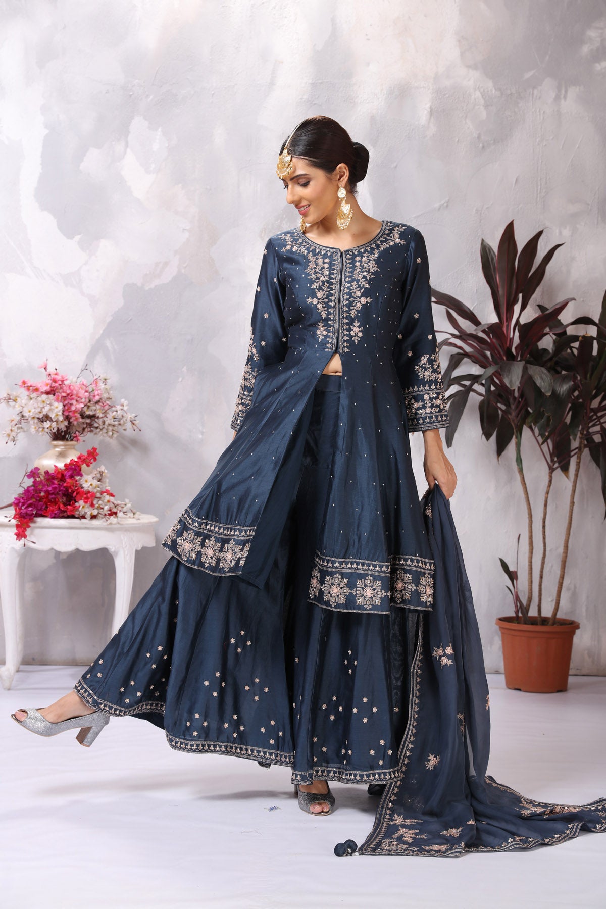 Shop stunning dark blue embroidered sharara suit online in USA with dupatta. Flaunt Indian style at parties and weddings in beautiful designer dresses, salwar suits, Anarkali suits, gowns, palazzo suits from Pure Elegance Indian fashion store in USA.-full view