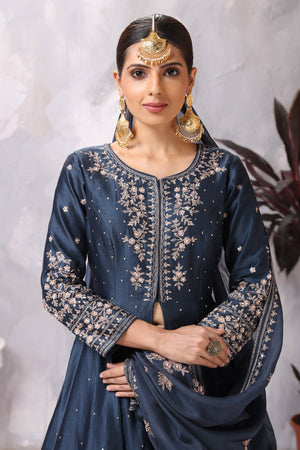 Shop stunning dark blue embroidered sharara suit online in USA with dupatta. Flaunt Indian style at parties and weddings in beautiful designer dresses, salwar suits, Anarkali suits, gowns, palazzo suits from Pure Elegance Indian fashion store in USA.-closeup