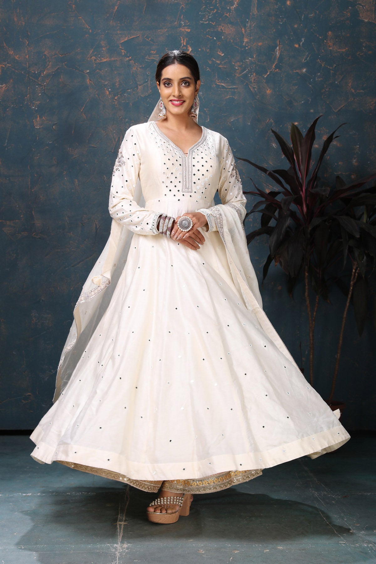 Shop stunning off-white embroidered Anarkali suit online in USA with dupatta. Flaunt Indian style at parties and weddings in beautiful designer dresses, salwar suits, Anarkali suits, gowns, palazzo suits from Pure Elegance Indian fashion store in USA.-full view