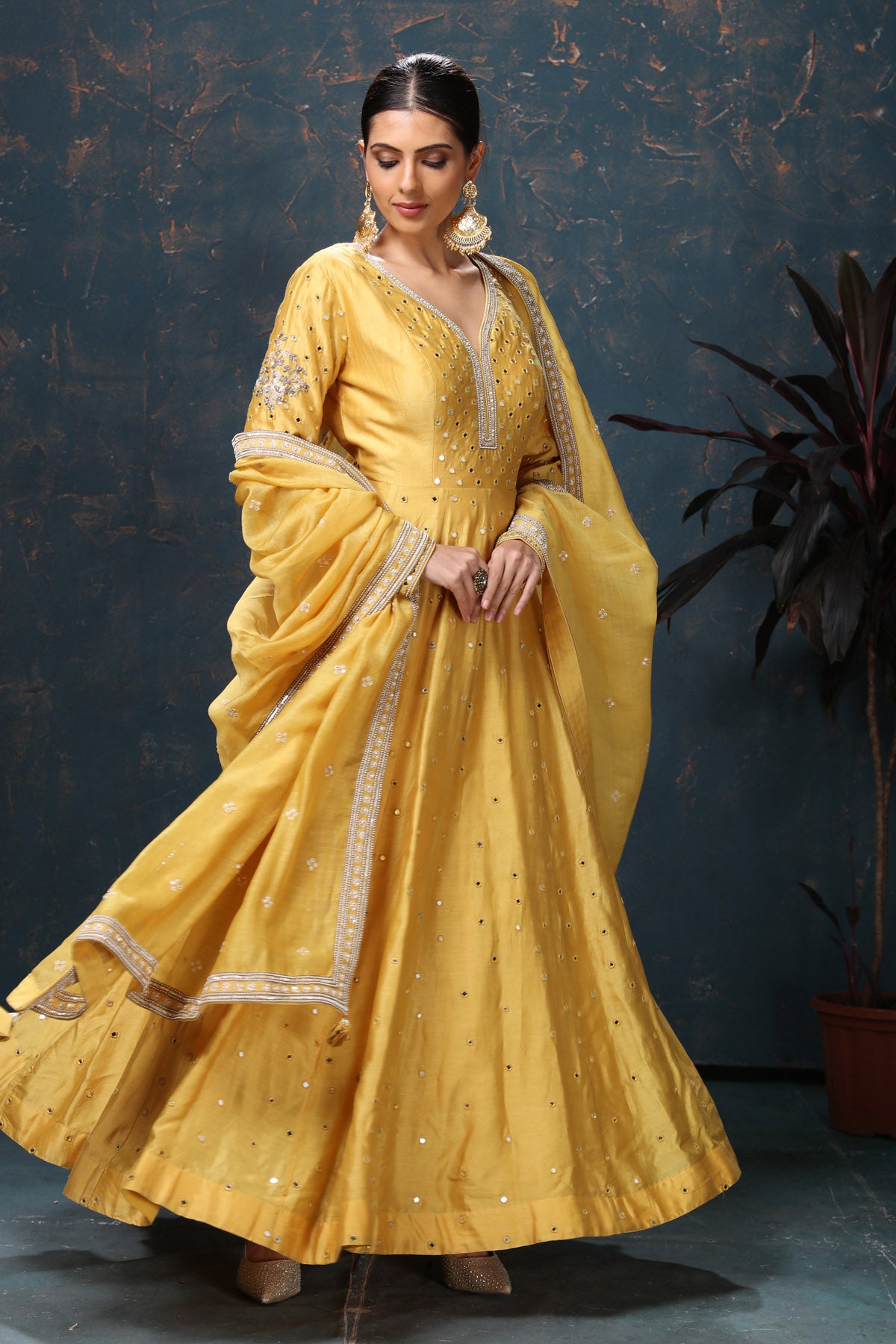 Buy beautiful yellow embroidered chanderi silk Anarkali suit online in USA with dupatta. Flaunt Indian style at parties and weddings in beautiful designer dresses, salwar suits, Anarkali suits, gowns, palazzo suits from Pure Elegance Indian fashion store in USA.-full view