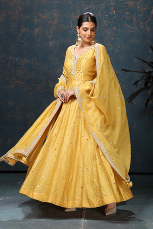 Buy beautiful yellow embroidered chanderi silk Anarkali suit online in USA with dupatta. Flaunt Indian style at parties and weddings in beautiful designer dresses, salwar suits, Anarkali suits, gowns, palazzo suits from Pure Elegance Indian fashion store in USA.-suit