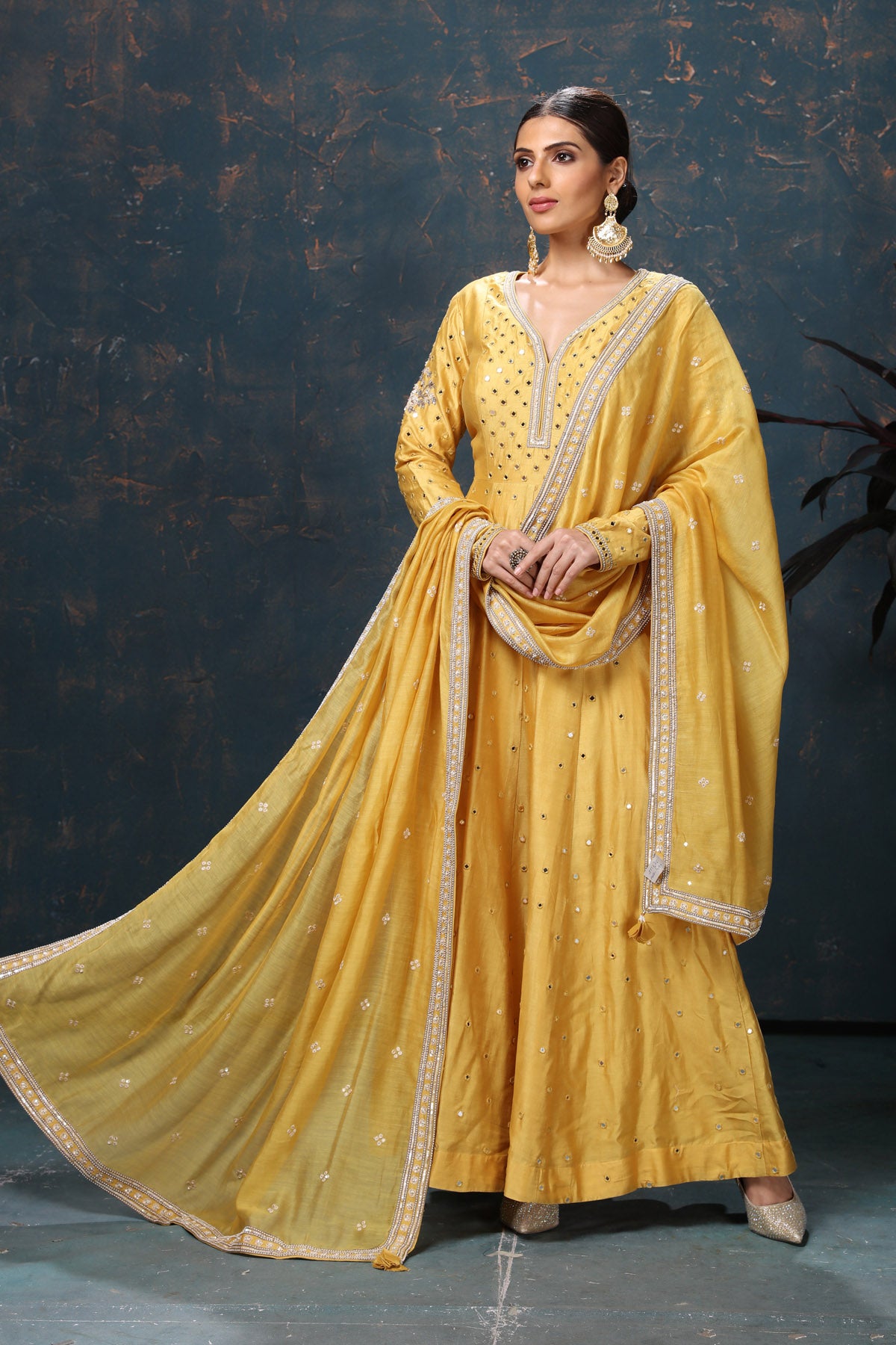 Buy beautiful yellow embroidered chanderi silk Anarkali suit online in USA with dupatta. Flaunt Indian style at parties and weddings in beautiful designer dresses, salwar suits, Anarkali suits, gowns, palazzo suits from Pure Elegance Indian fashion store in USA.-front