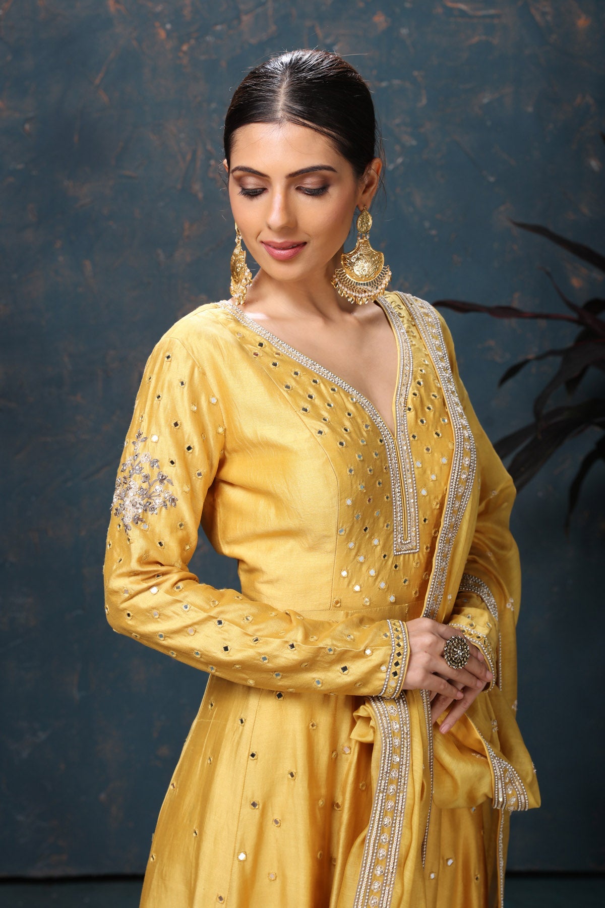 Buy beautiful yellow embroidered chanderi silk Anarkali suit online in USA with dupatta. Flaunt Indian style at parties and weddings in beautiful designer dresses, salwar suits, Anarkali suits, gowns, palazzo suits from Pure Elegance Indian fashion store in USA.-closeup