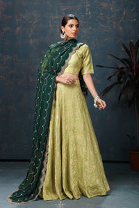 Buy beautiful pista green crepe Banarasi lehenga online in USA with dark green dupatta. Flaunt Indian style at parties and weddings in beautiful designer dresses, salwar suits, Anarkali suits, gowns, palazzo suits from Pure Elegance Indian fashion store in USA.-full view