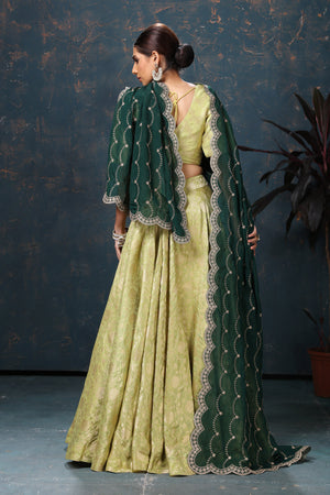 Buy beautiful pista green crepe Banarasi lehenga online in USA with dark green dupatta. Flaunt Indian style at parties and weddings in beautiful designer dresses, salwar suits, Anarkali suits, gowns, palazzo suits from Pure Elegance Indian fashion store in USA.-back