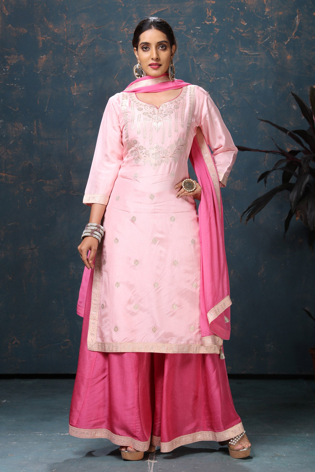 Buy beautiful light pink embroidered chanderi palazzo suit online in USA with dupatta. Flaunt Indian style at parties and weddings in beautiful designer dresses, salwar suits, Anarkali suits, gowns, palazzo suits from Pure Elegance Indian fashion store in USA.-full view