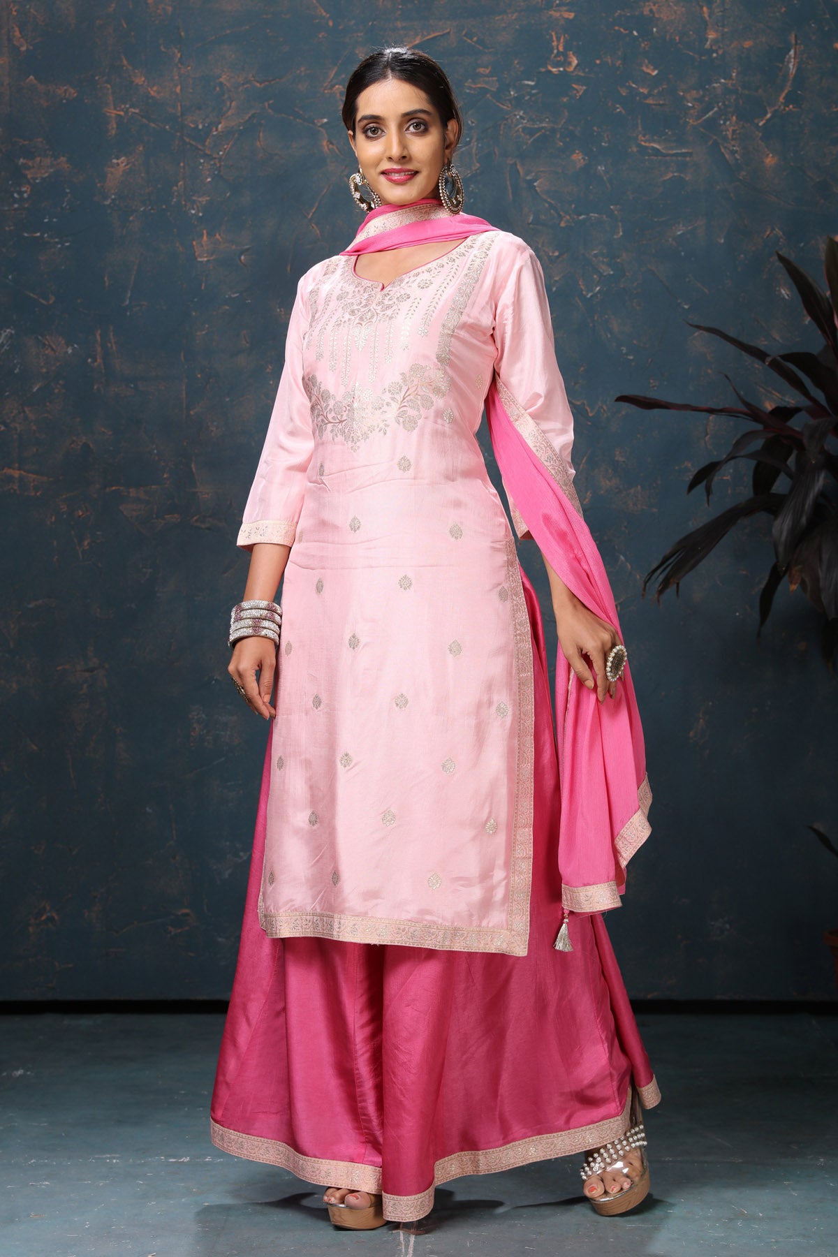 Buy beautiful light pink embroidered chanderi palazzo suit online in USA with dupatta. Flaunt Indian style at parties and weddings in beautiful designer dresses, salwar suits, Anarkali suits, gowns, palazzo suits from Pure Elegance Indian fashion store in USA.-side