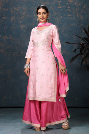 Buy beautiful light pink embroidered chanderi palazzo suit online in USA with dupatta. Flaunt Indian style at parties and weddings in beautiful designer dresses, salwar suits, Anarkali suits, gowns, palazzo suits from Pure Elegance Indian fashion store in USA.-side