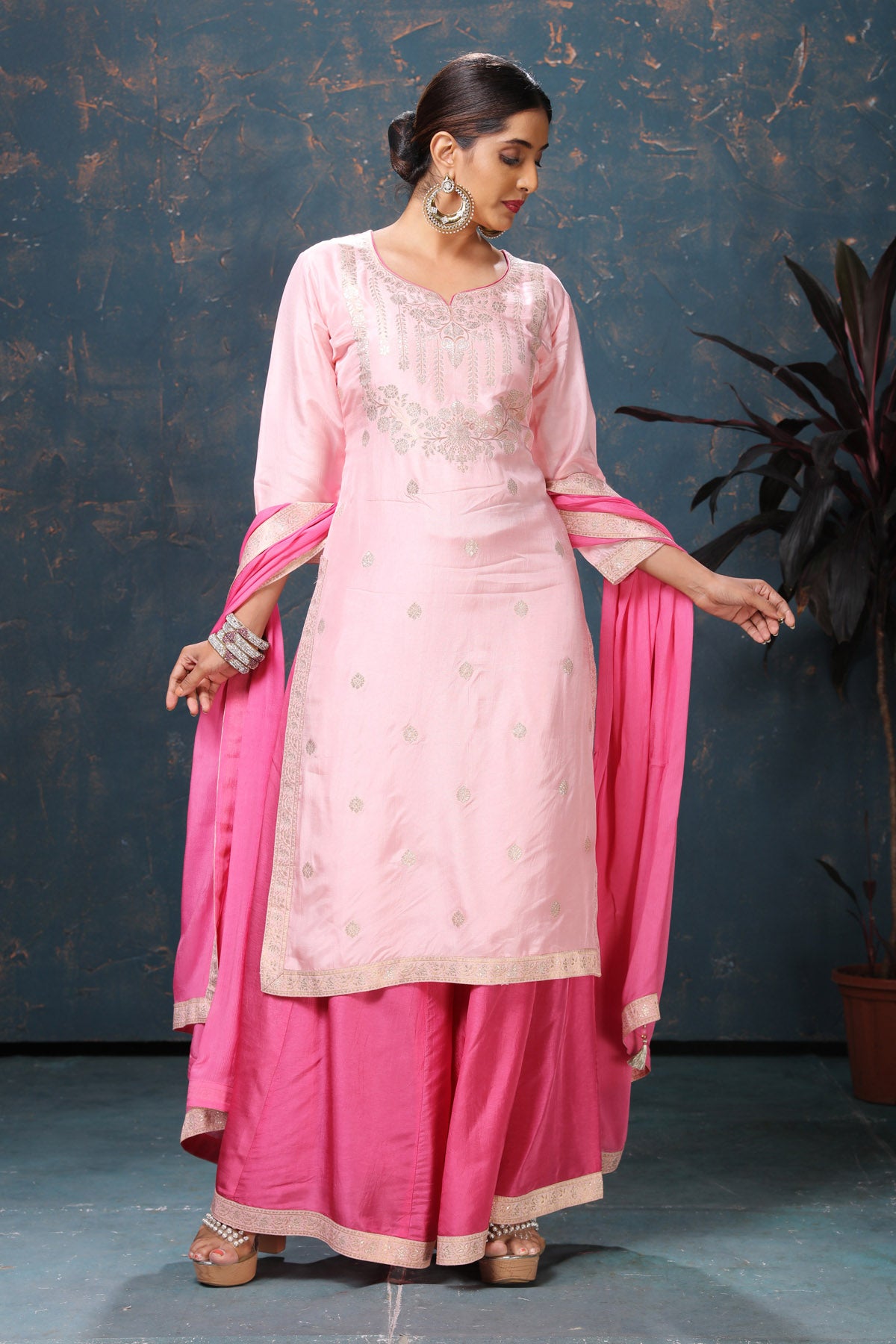 Buy beautiful light pink embroidered chanderi palazzo suit online in USA with dupatta. Flaunt Indian style at parties and weddings in beautiful designer dresses, salwar suits, Anarkali suits, gowns, palazzo suits from Pure Elegance Indian fashion store in USA.-front