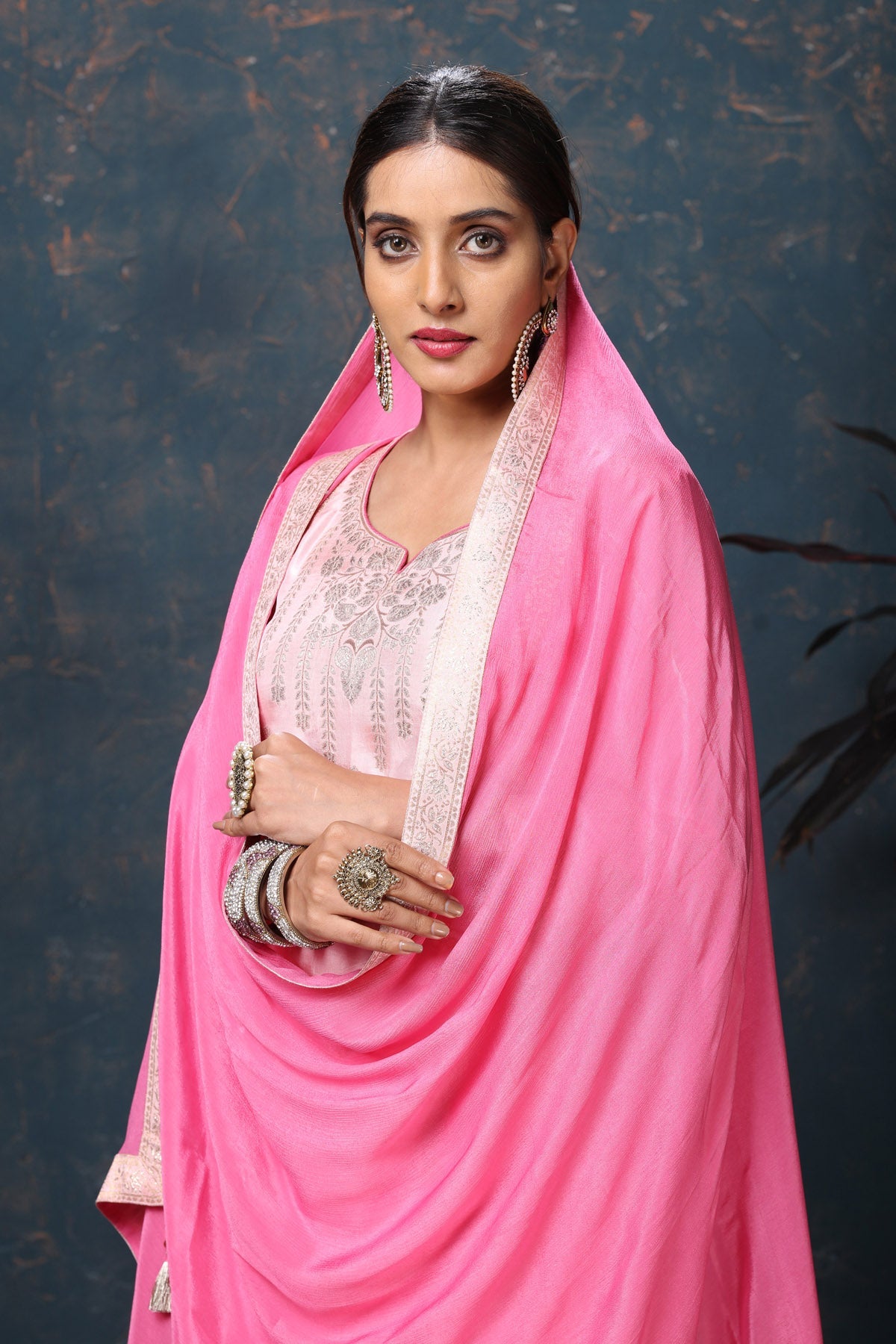 Buy beautiful light pink embroidered chanderi palazzo suit online in USA with dupatta. Flaunt Indian style at parties and weddings in beautiful designer dresses, salwar suits, Anarkali suits, gowns, palazzo suits from Pure Elegance Indian fashion store in USA.-closeup