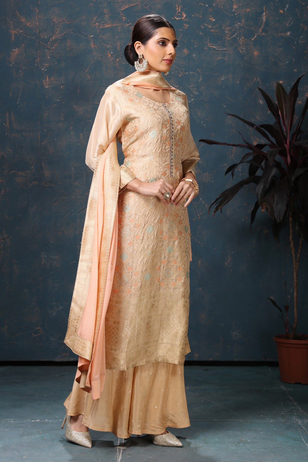 Shop stunning embroidered palazzo suit online in USA with peach dupatta. Flaunt Indian style at parties and weddings in beautiful designer dresses, salwar suits, Anarkali suits, gowns, palazzo suits from Pure Elegance Indian fashion store in USA.-side