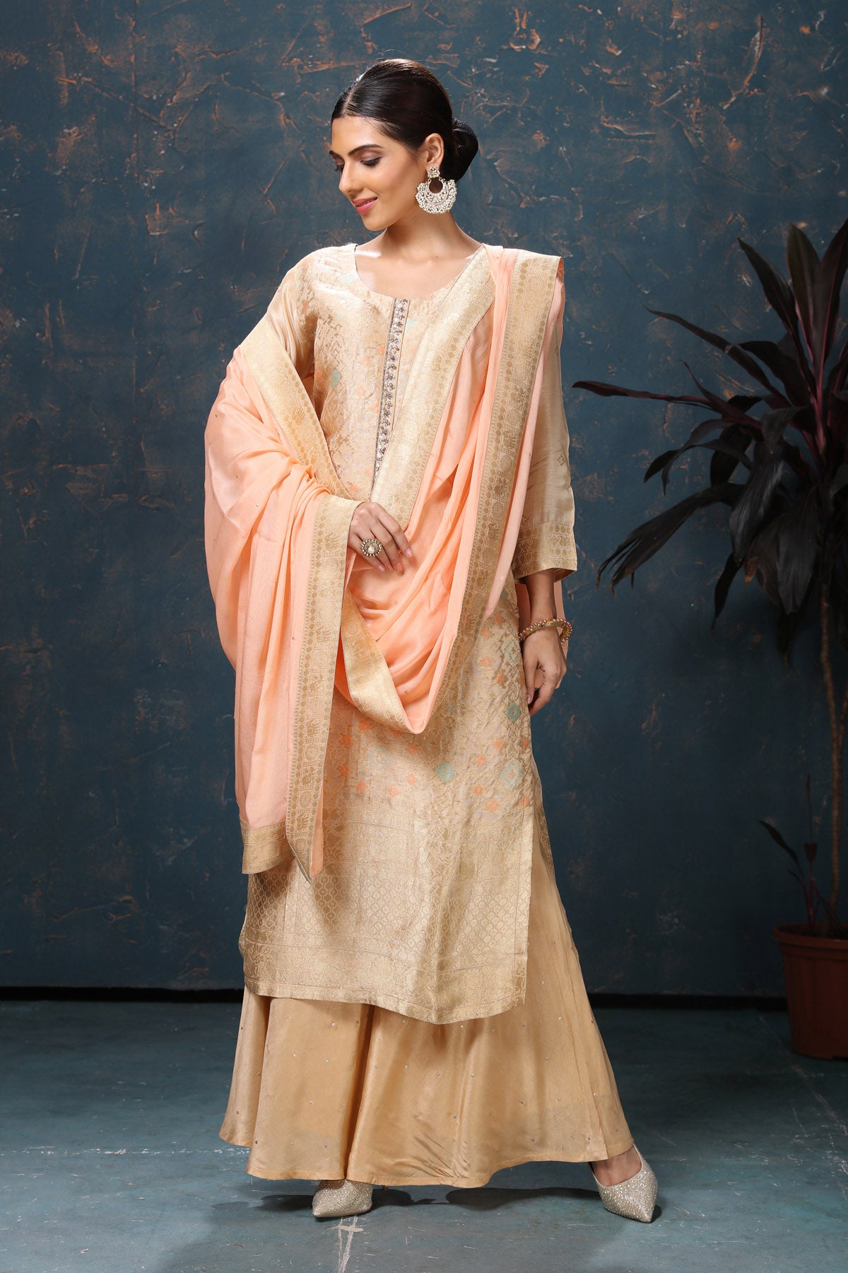 Shop stunning embroidered palazzo suit online in USA with peach dupatta. Flaunt Indian style at parties and weddings in beautiful designer dresses, salwar suits, Anarkali suits, gowns, palazzo suits from Pure Elegance Indian fashion store in USA.-full view