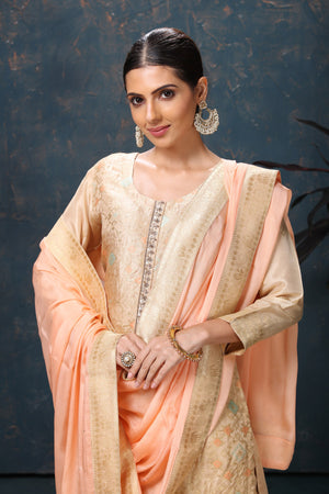 Shop stunning embroidered palazzo suit online in USA with peach dupatta. Flaunt Indian style at parties and weddings in beautiful designer dresses, salwar suits, Anarkali suits, gowns, palazzo suits from Pure Elegance Indian fashion store in USA.-closeup