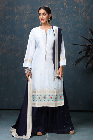 Shop beautiful powder blue embroidered suit online in USA with navy blue dupatta. Flaunt Indian style at parties and weddings in beautiful designer dresses, salwar suits, Anarkali suits, gowns, palazzo suits from Pure Elegance Indian fashion store in USA.-front