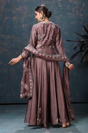 Shop beautiful brown embroidered Anarkali suit online in USA with dupatta. Flaunt Indian style at parties and weddings in beautiful designer dresses, salwar suits, Anarkali suits, gowns, palazzo suits from Pure Elegance Indian fashion store in USA.-back