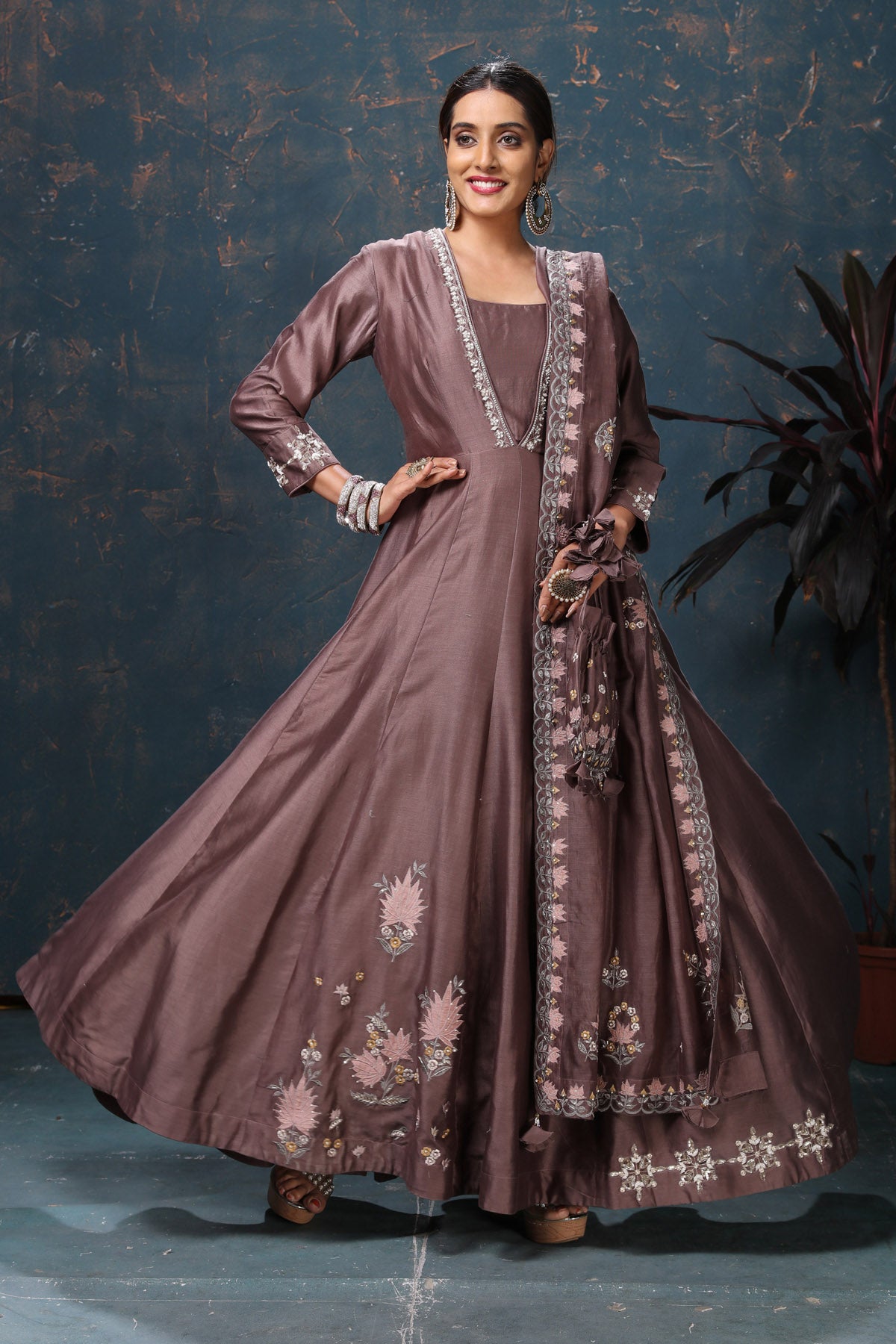 Shop Brown Embroidered Anarkali Suit Online in USA with Dupatta Shop Brown Embroidered Anarkali Suit Online in USA with Dupatta