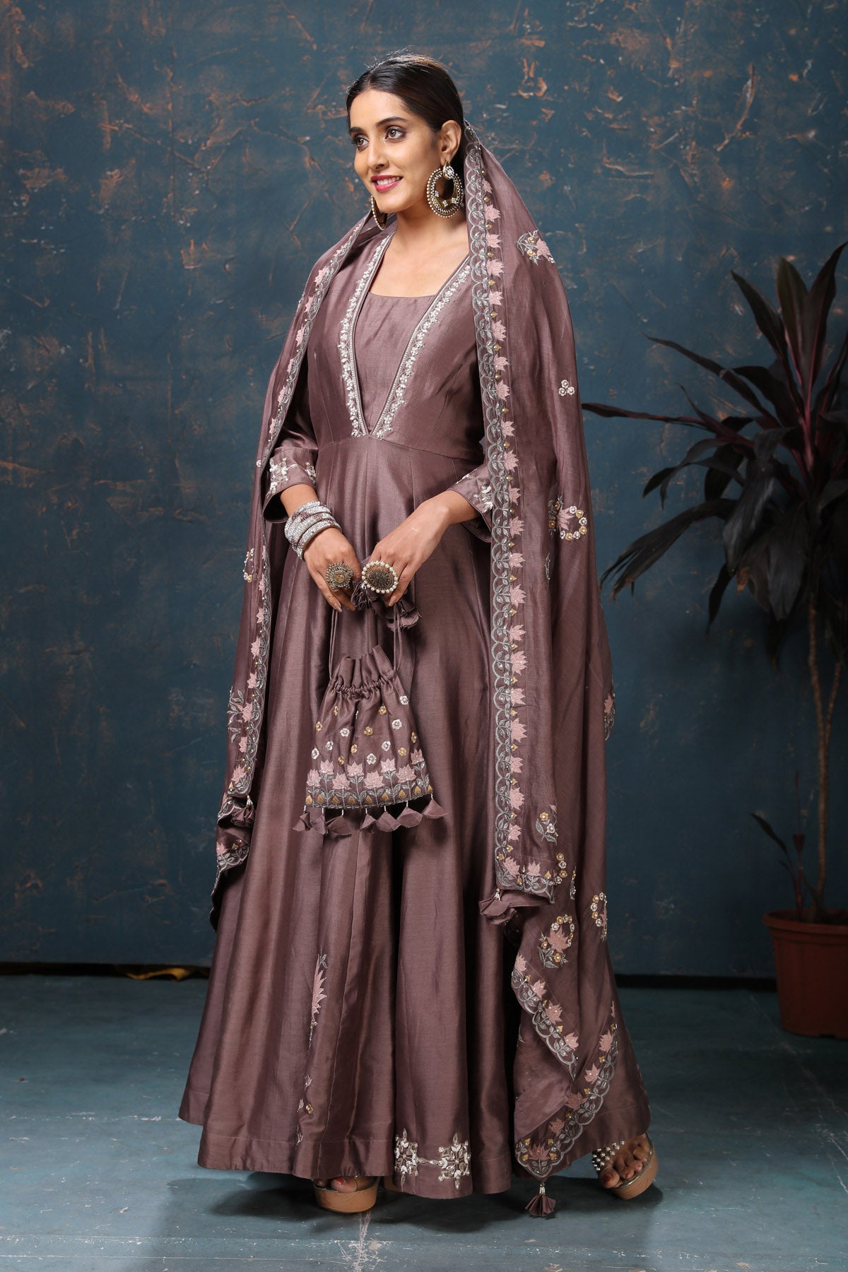 Shop beautiful brown embroidered Anarkali suit online in USA with dupatta. Flaunt Indian style at parties and weddings in beautiful designer dresses, salwar suits, Anarkali suits, gowns, palazzo suits from Pure Elegance Indian fashion store in USA.-side