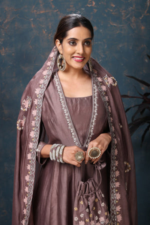 Shop beautiful brown embroidered Anarkali suit online in USA with dupatta. Flaunt Indian style at parties and weddings in beautiful designer dresses, salwar suits, Anarkali suits, gowns, palazzo suits from Pure Elegance Indian fashion store in USA.-closeup