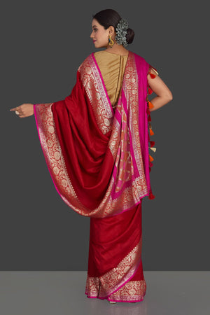 Shop beautiful red muga Banarasi saree online in USA with floral zari border. Keep it elegant with Muga silk sarees, Banarasi silk sarees, handwoven sarees from Pure Elegance Indian fashion boutique in USA. We bring a especially curated collection of ethnic sarees for Indian women in USA under one roof!-back